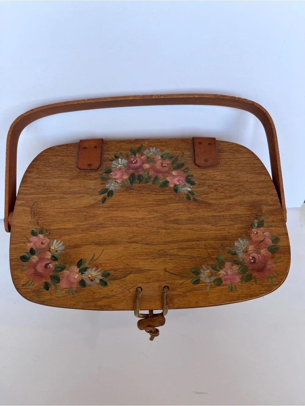 Vintage Longaberger Floral Hand Painted Basket with Handles Purse Picnic Basket